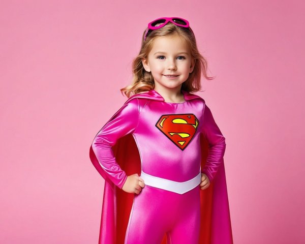 Young girl in pink superhero costume with cape and emblem