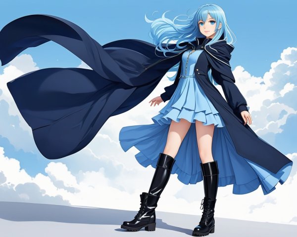 Young girl in light blue dress and dark coat against clouds