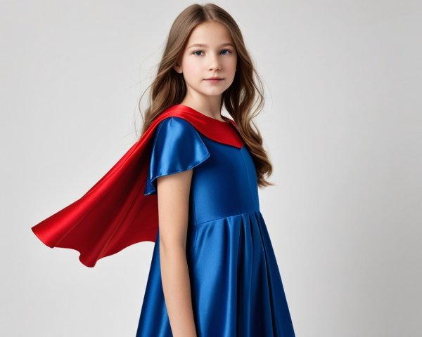 Young girl in blue dress with red cape, confident pose