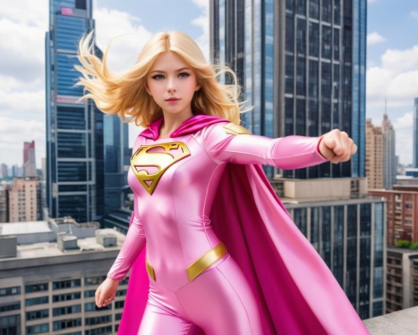 Young Female Superhero in Pink Bodysuit on Rooftop