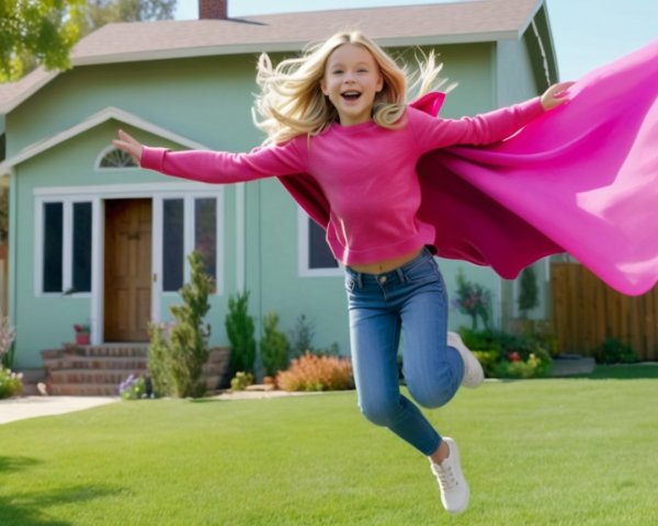 Young girl in pink cape jumping near green house