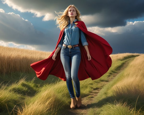 Young woman in red cape in golden grass field
