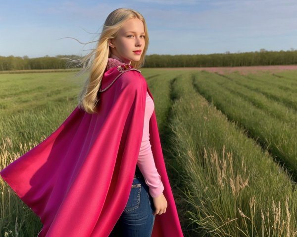 Young girl in pink cape in a green field scene