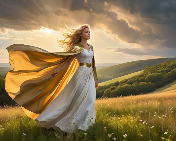 Woman in white gown in sunlit meadow with hills