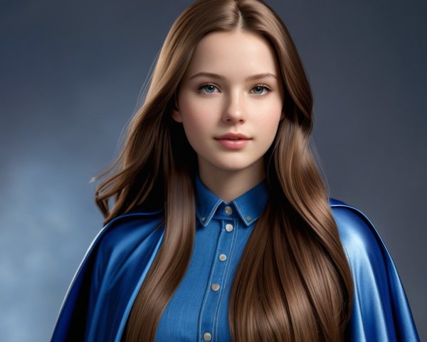 Young woman in blue cape with flowing brown hair