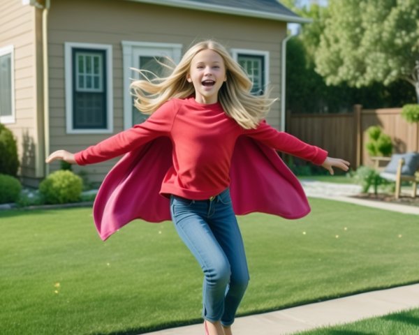 Young girl in red sweater spins in green yard