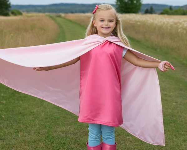 Cheerful girl in pink superhero cape in grassy field
