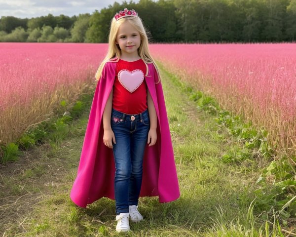 Young girl in pink field with vibrant attire and tiara