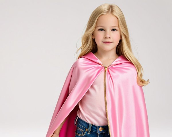 Young girl in pink cape with blonde hair and smile