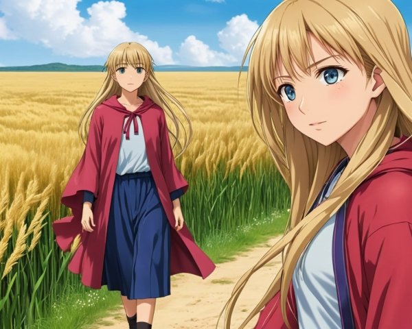 Girl in Red Cape Walking Through Golden Fields