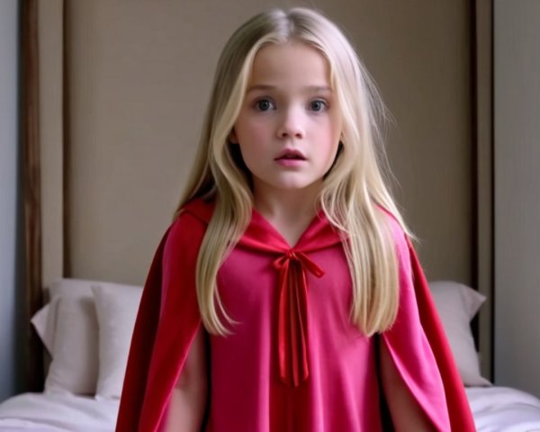 Young girl in red cloak with surprised expression