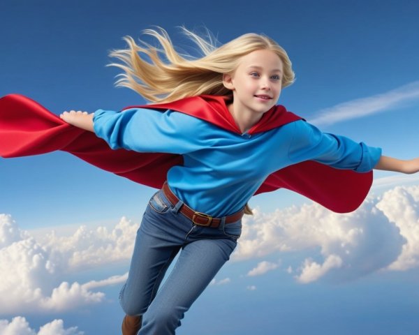 Young girl in blue shirt and red cape flying in sky