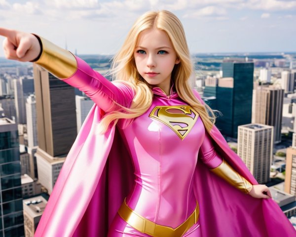 Supergirl-like Character in Shimmery Pink Bodysuit