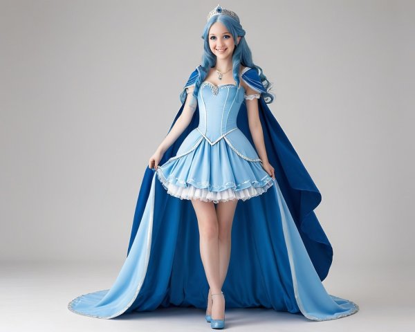 Young woman in elegant blue dress with cape and tiara