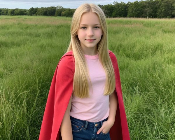 Blonde Girl in Red Cape in Green Field Setting