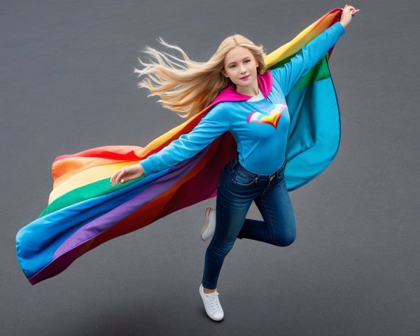 Young girl in rainbow cape leaps joyfully in blue hoodie