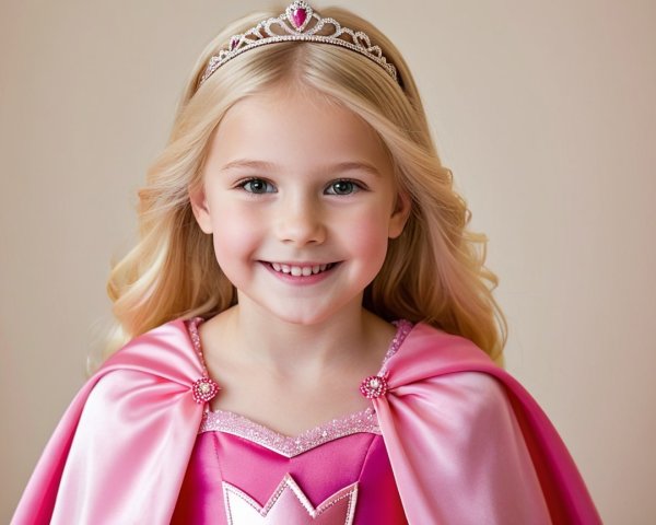 Young girl in pink princess dress with tiara and smile