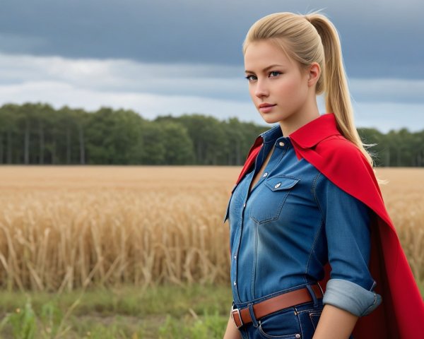 Young woman in denim shirt and red cape in field