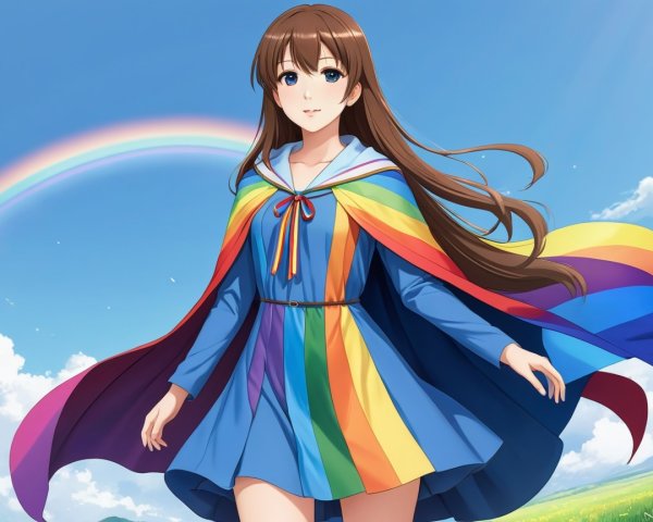 Young woman in rainbow cape against colorful backdrop