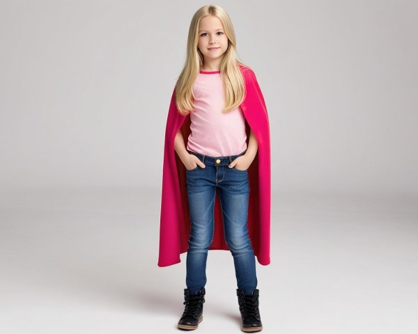 Young girl in pink cape and blue jeans with boots