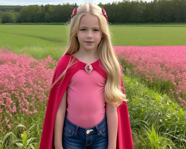 Young girl in pink field with red cape and accessories