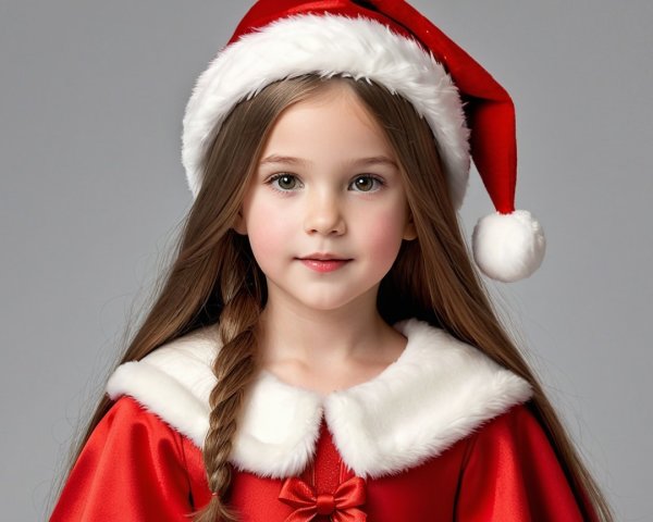 Young girl in festive red outfit with Santa hat