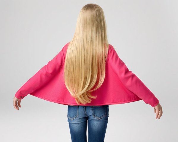 Young girl in pink sweater with long blonde hair