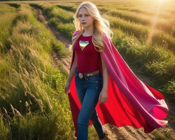 Young Woman in Red Top Walking in Sunlit Field
