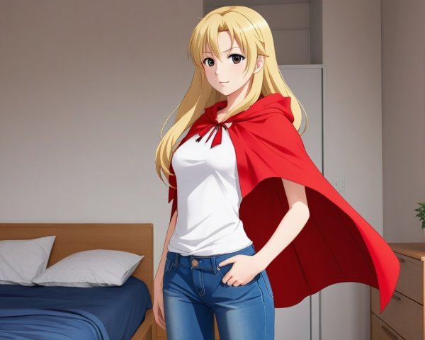 Anime Character in Room with White Wall and Cape