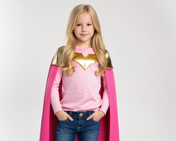 Young girl in playful superhero outfit with cape