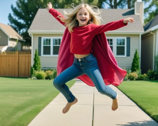 Young girl in red sweater leaps on suburban lawn