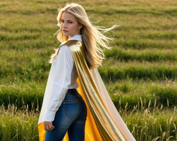 Young woman in a field with blonde hair and cape