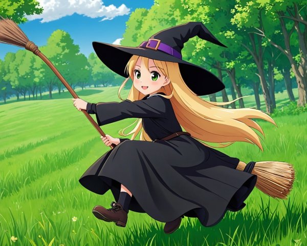 Cheerful young witch riding broomstick in green landscape