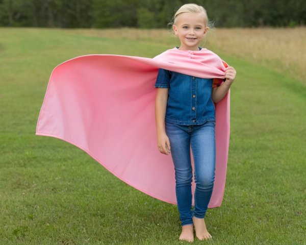 Young girl in denim outfit with pink cape outdoors