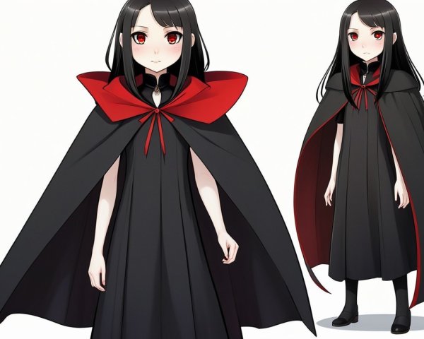Young character in gothic black dress and cape
