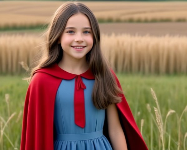Young girl in blue dress and red cape in field
