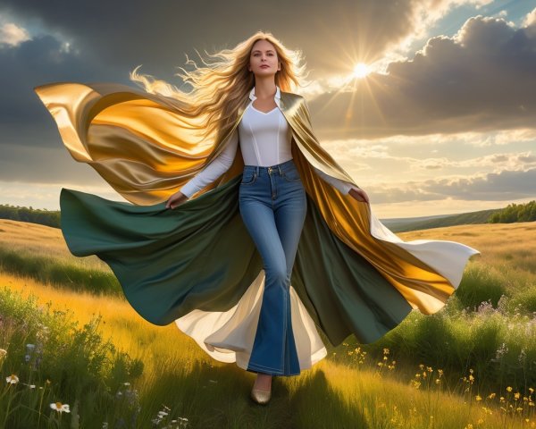 Woman in Vibrant Cloak Strolling Through Sunlit Field