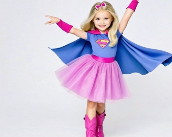 Young girl in vibrant superhero costume with accessories
