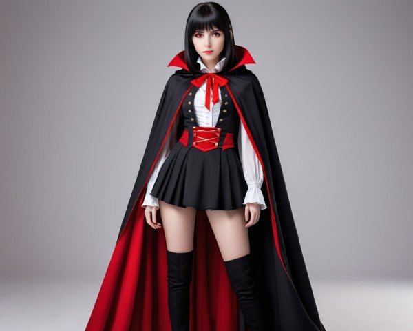 Confident Figure in Black and Red Gothic Costume