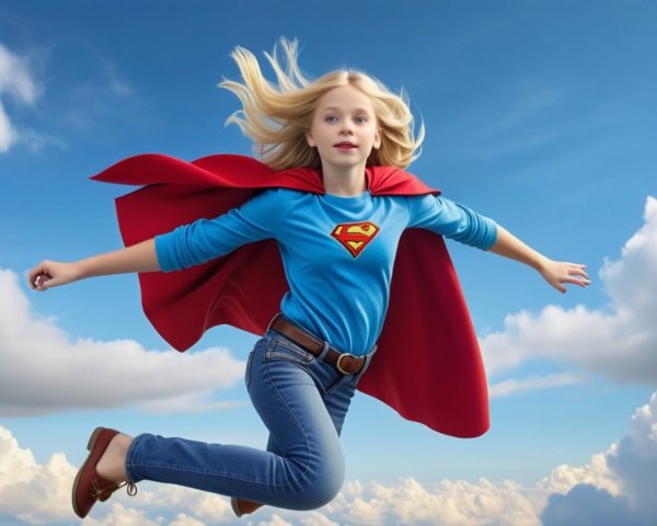 Young girl in superhero costume leaping in blue sky