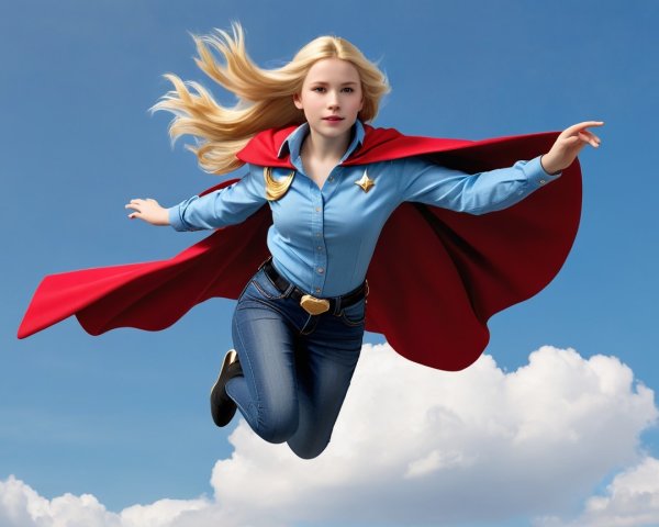 Young superhero flying in blue sky with red cape