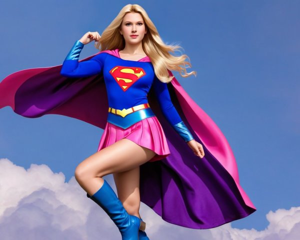 Female superhero in vibrant blue and pink costume