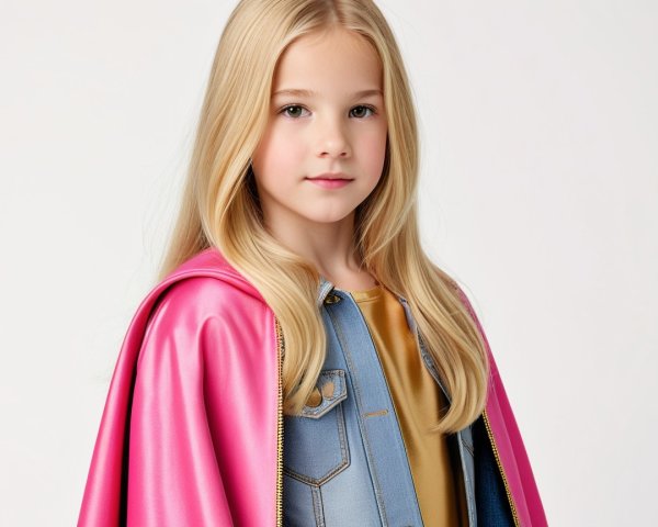 Young girl in denim jacket and pink cape outfit
