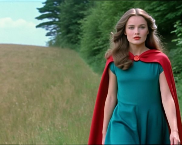 Woman in Teal Dress and Red Cape in Green Landscape