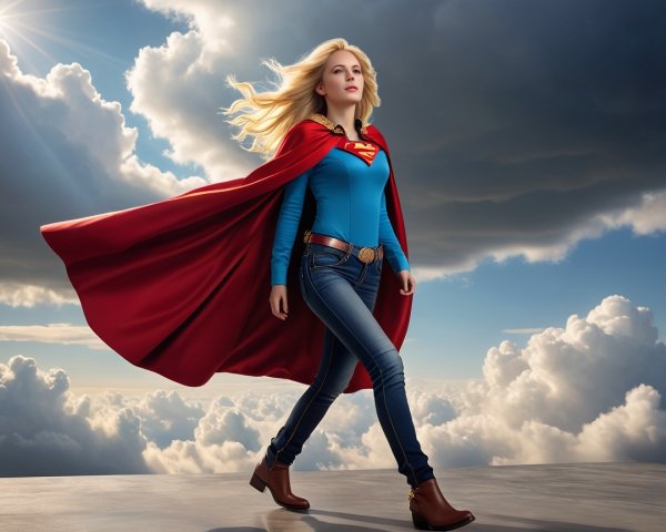 Confident Young Woman in Blue Superhero Costume