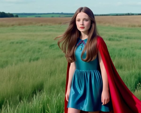 Young girl in blue dress with red cape in green field
