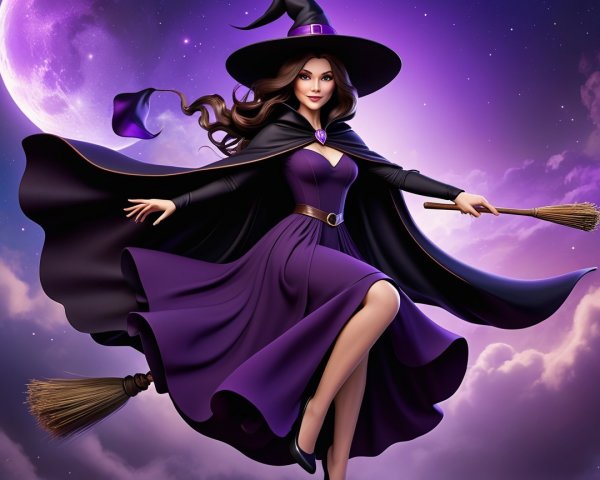 Witch Flying on Broomstick in Mystical Night Sky