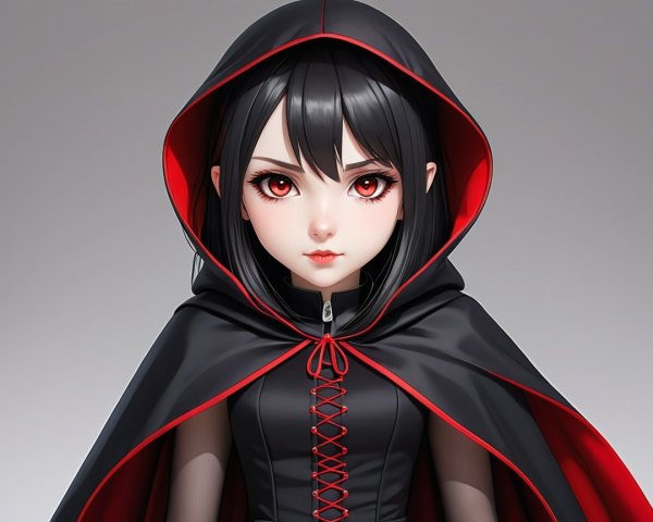 Young girl in dark hooded cloak with red lining