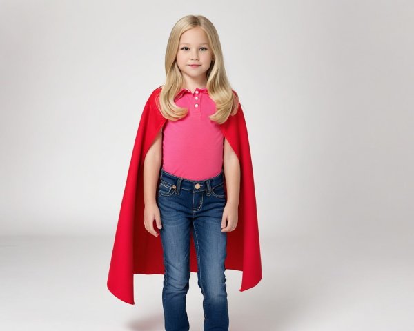 Young girl in pink polo and red cape with jeans