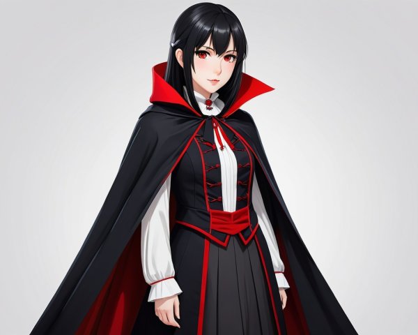 Elegant Character in Black and Red Attire with Cape